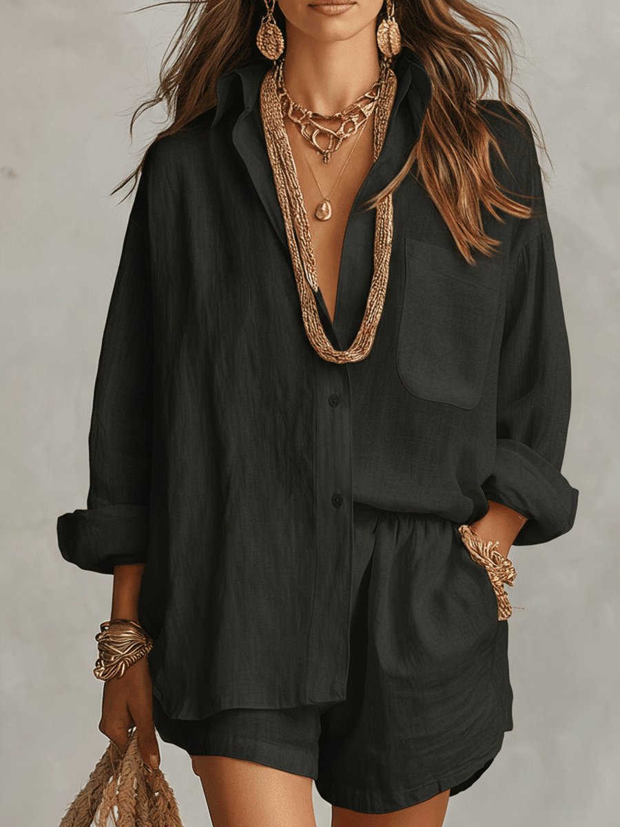 Effortless Linen Short Set for Women with Button Front Long Sleeve Relaxed Two Piece Style - Seldom Seen Styles