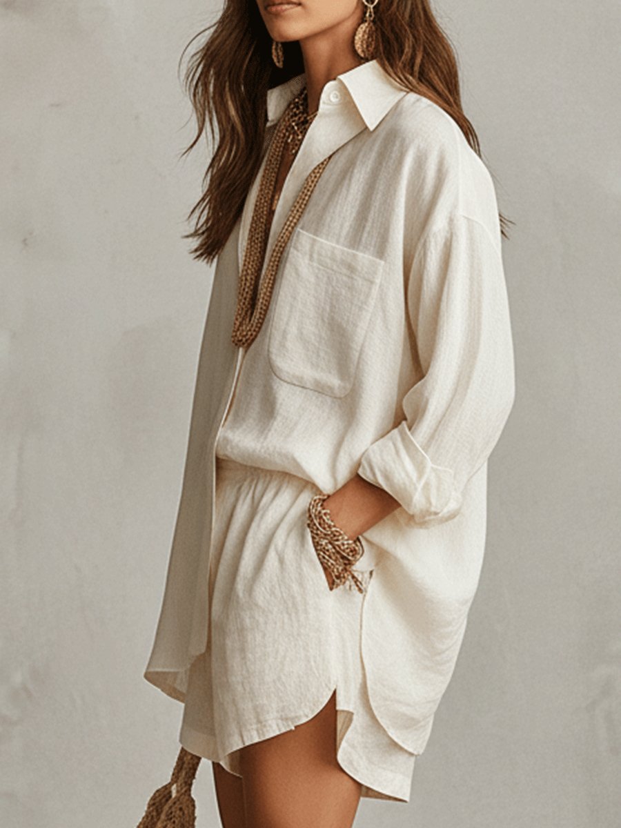 Effortless Linen Short Set for Women with Button Front Long Sleeve Relaxed Two Piece Style - Seldom Seen Styles