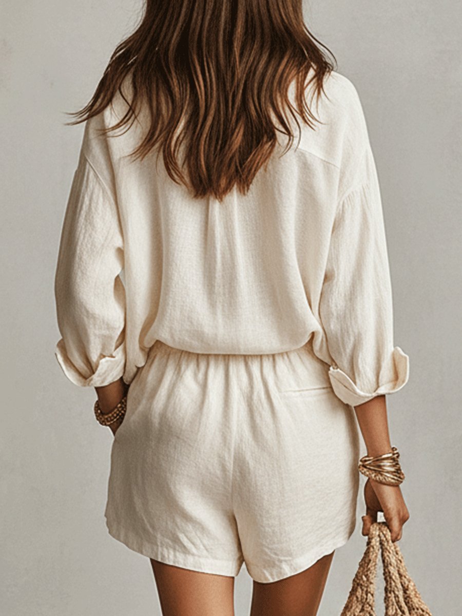 Effortless Linen Short Set for Women with Button Front Long Sleeve Relaxed Two Piece Style - Seldom Seen Styles