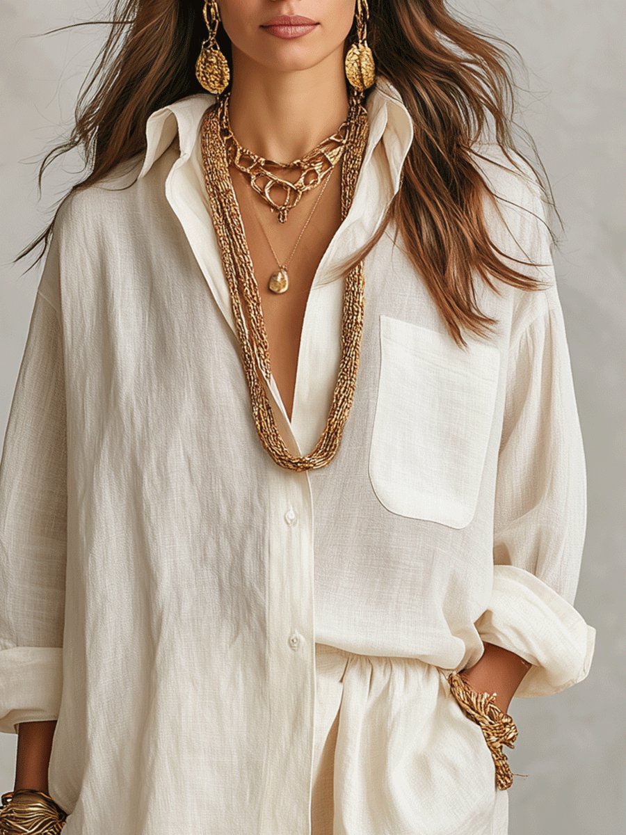 Effortless Linen Short Set for Women with Button Front Long Sleeve Relaxed Two Piece Style - Seldom Seen Styles