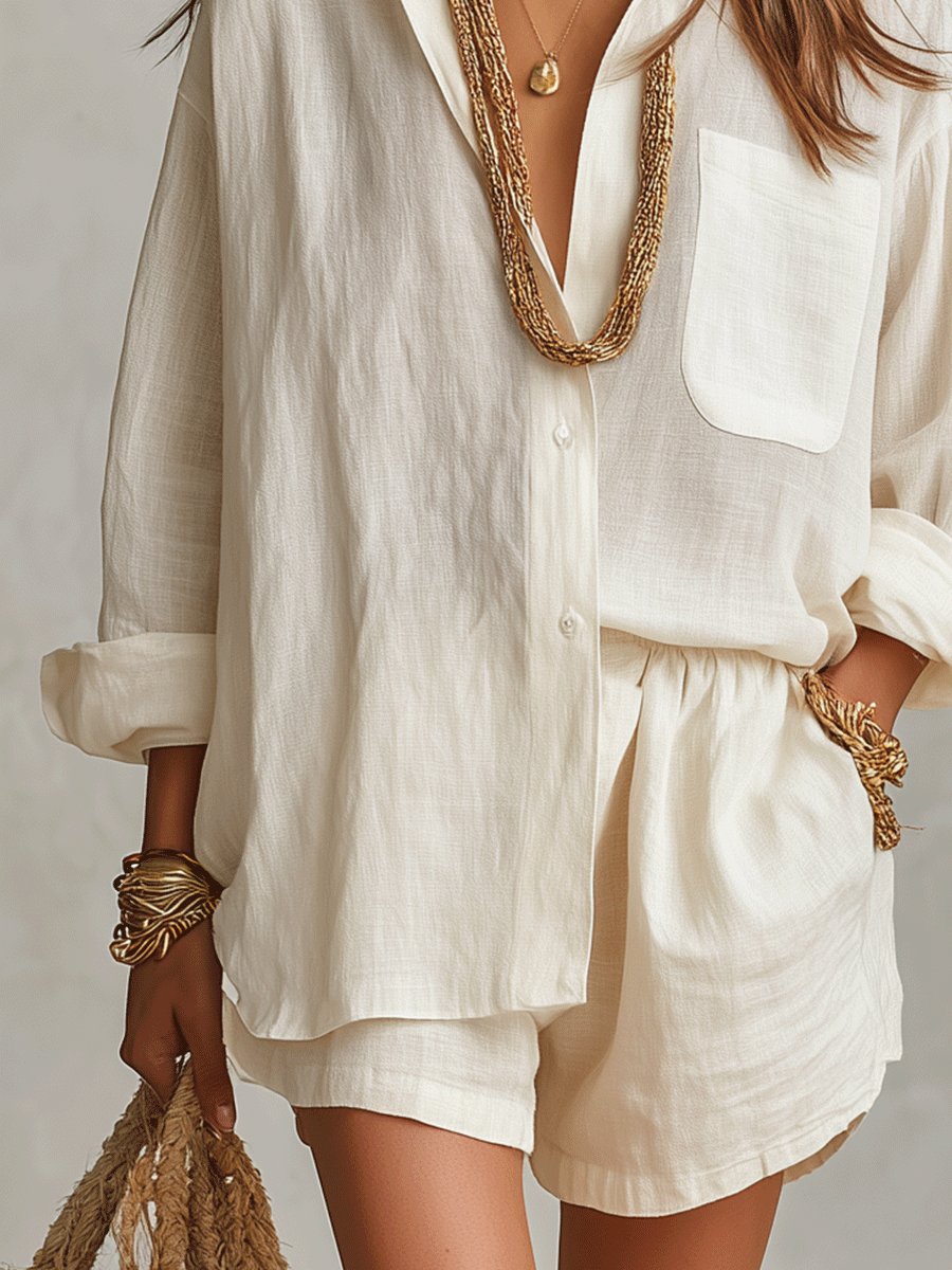 Effortless Linen Short Set for Women with Button Front Long Sleeve Relaxed Two Piece Style - Seldom Seen Styles