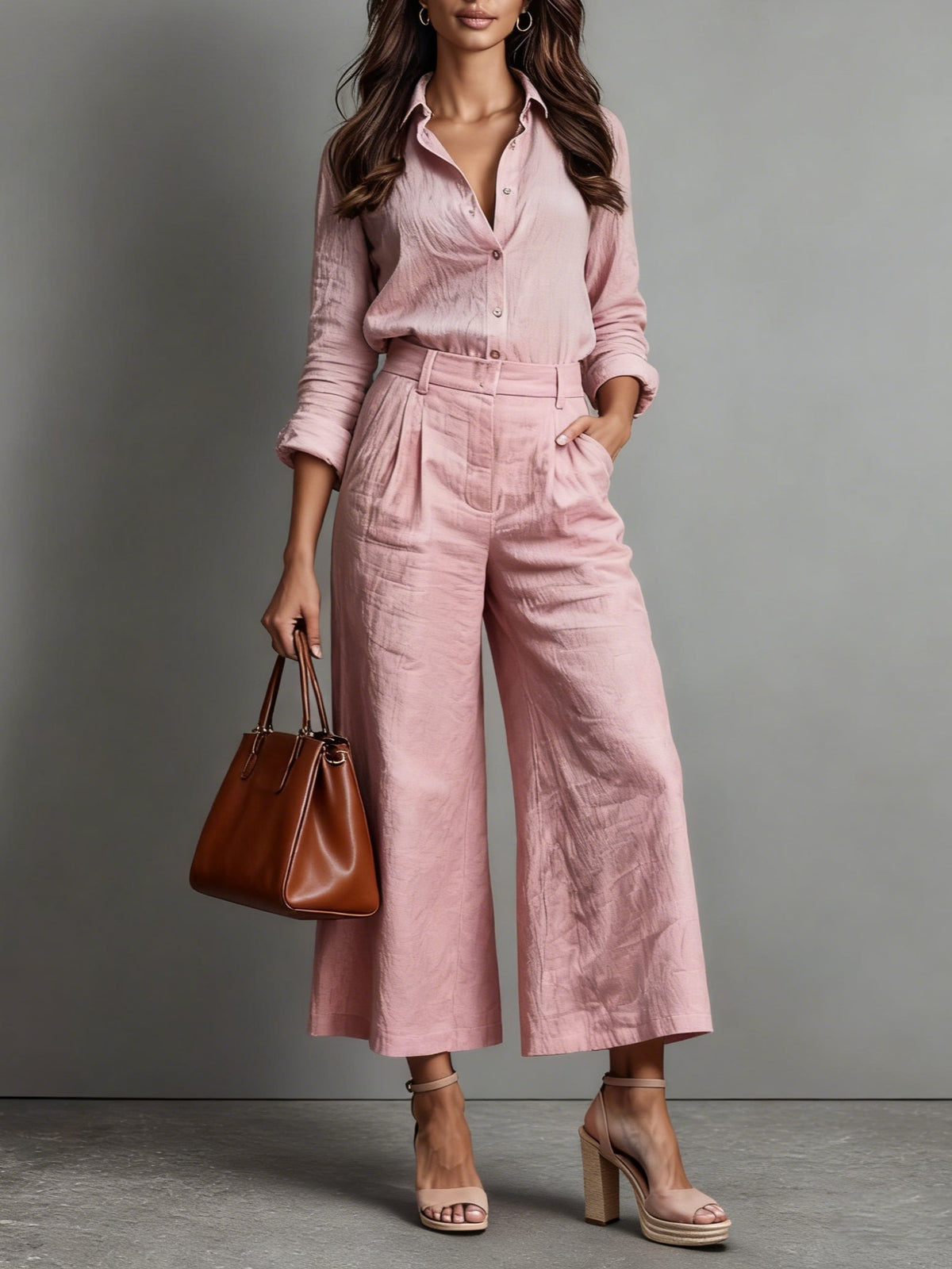 Effortless Linen Two Piece Set for Women with Wide Leg Pants and Button Down Shirt