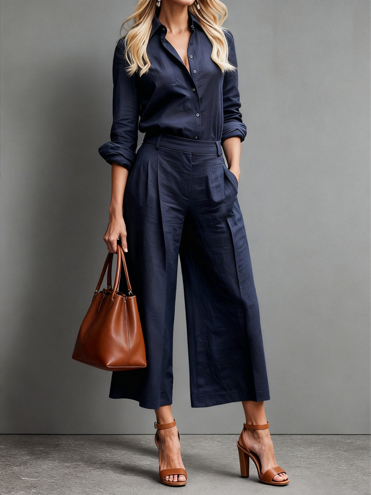Effortless Linen Two Piece Set for Women with Wide Leg Pants and Button Down Shirt