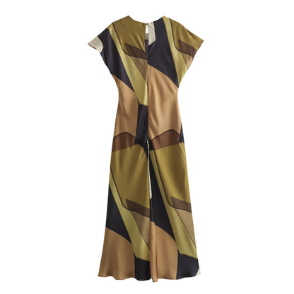 Ekala Twist Printed Maxi Dress Casual Pleated Satin Texture Long Dress