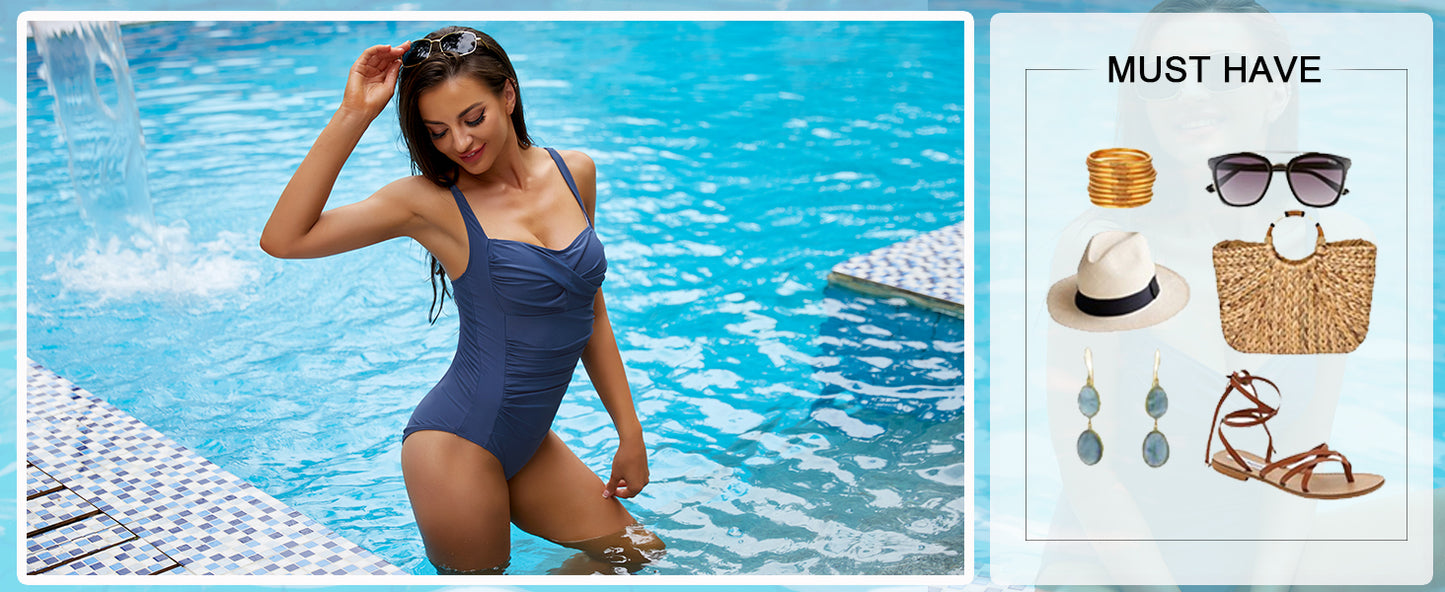 Ekouaer Women's One Piece Swimsuit Ruched Tummy Control Bathing Suits Vintage Retro Push Up Swimwear - Seldom Seen Styles