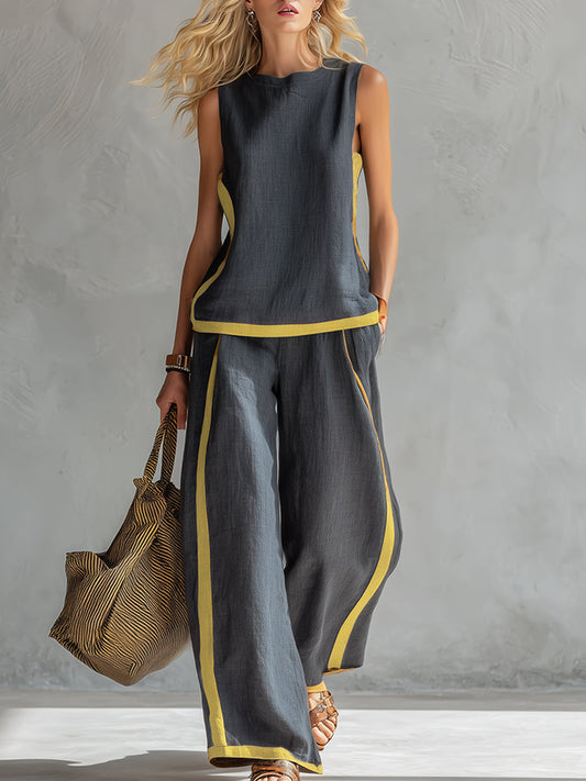Elegant And Casual Two-tone Trim Gray Cotton And Linen Vest And Pants Set - Seldom Seen Styles