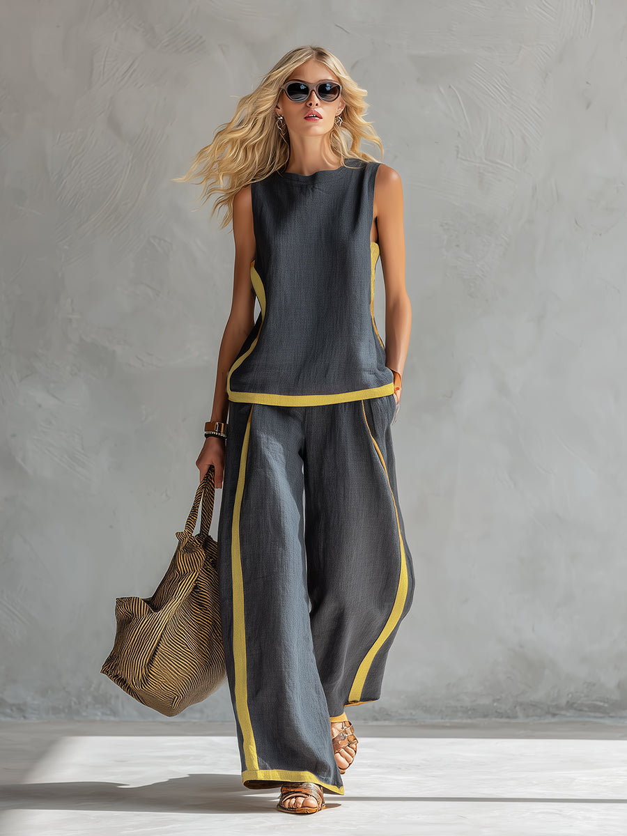 Elegant And Casual Two-tone Trim Gray Cotton And Linen Vest And Pants Set - Seldom Seen Styles