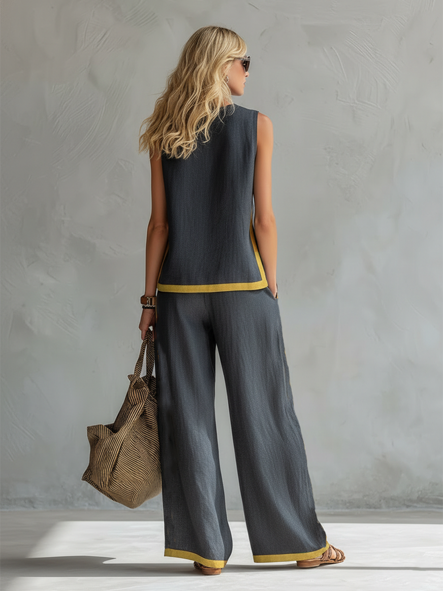 Elegant And Casual Two-tone Trim Gray Cotton And Linen Vest And Pants Set - Seldom Seen Styles