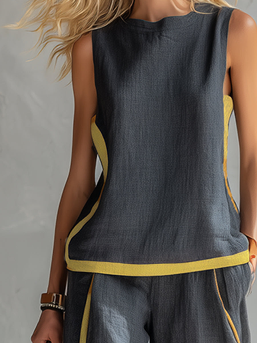 Elegant And Casual Two-tone Trim Gray Cotton And Linen Vest And Pants Set - Seldom Seen Styles