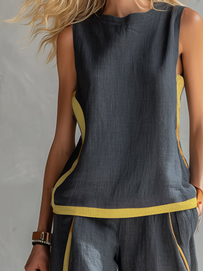 Ensemble élégant et décontracté gilet et pantalon en coton et lin gris avec liseré bicolore