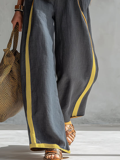Ensemble élégant et décontracté gilet et pantalon en coton et lin gris avec liseré bicolore