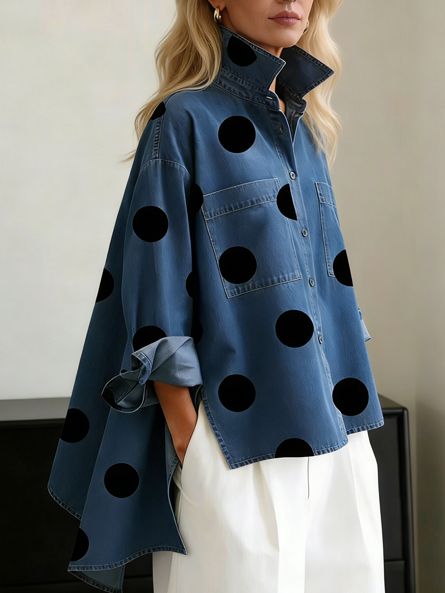 Elegant Artistic Polka Dot Print Stand-collar Denim Top - Seldom Seen Styles