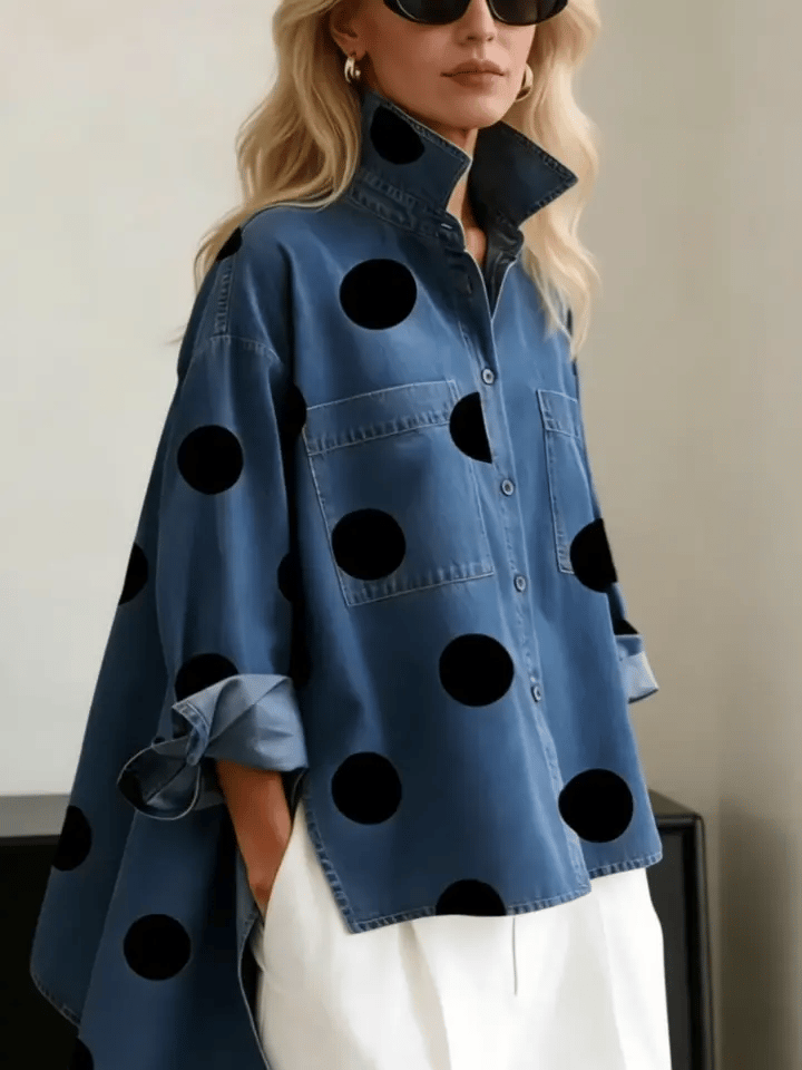 Elegant Artistic Polka Dot Print Stand-collar Denim Top - Seldom Seen Styles