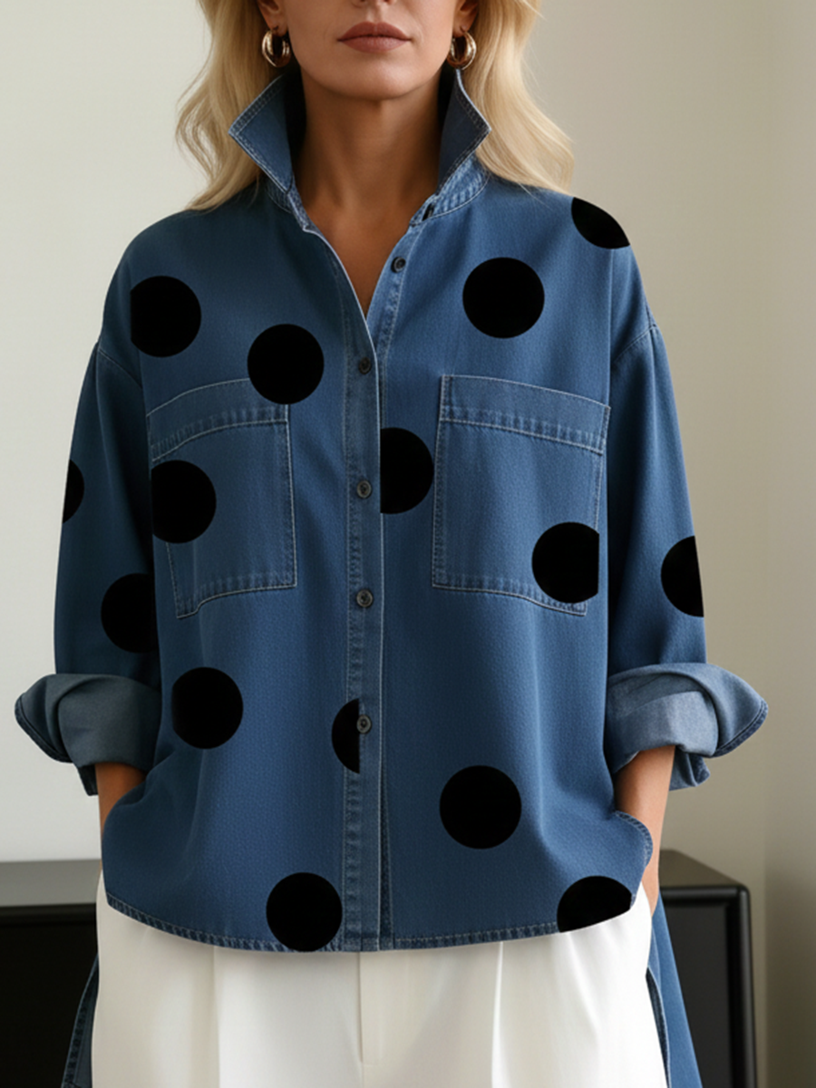 Elegant Artistic Polka Dot Print Stand-collar Denim Top - Seldom Seen Styles