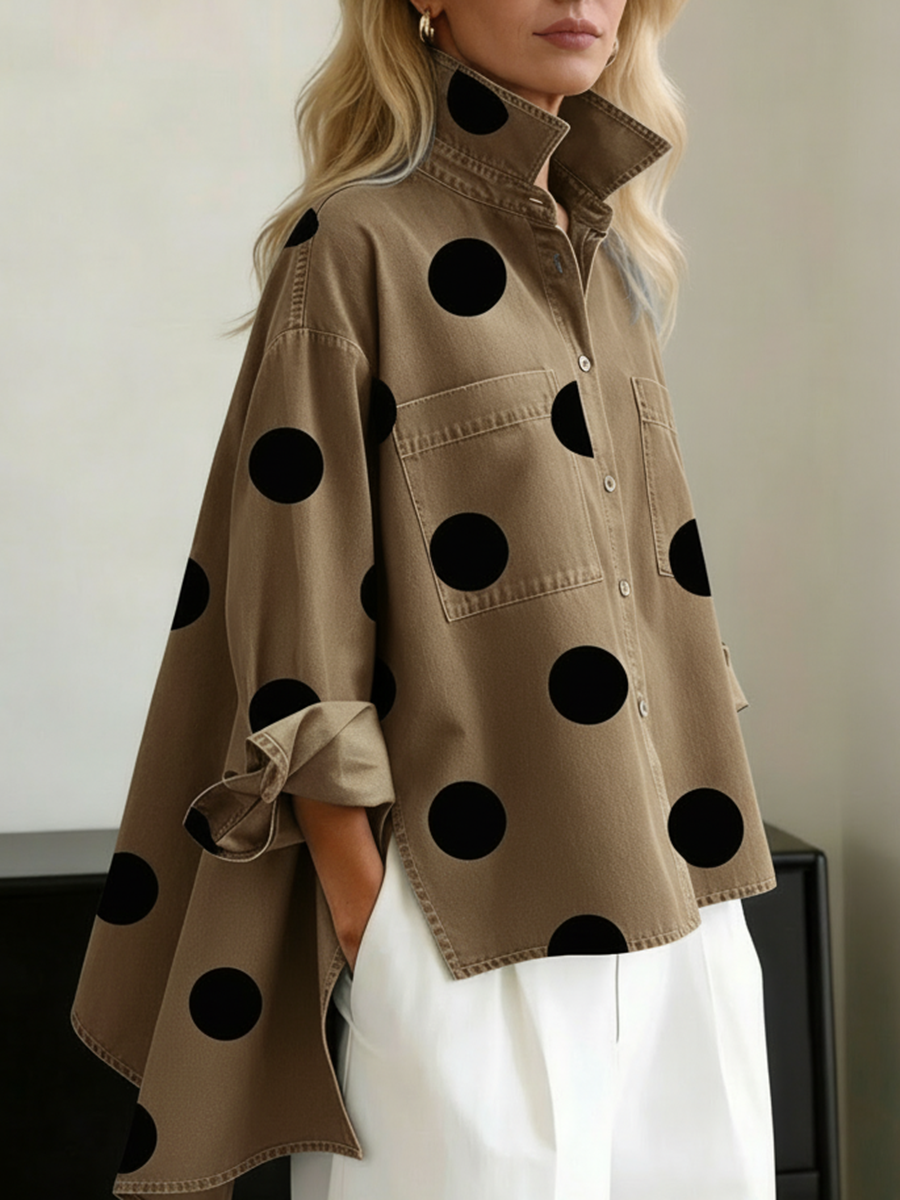 Elegant Artistic Polka Dot Print Stand-collar Denim Top - Seldom Seen Styles