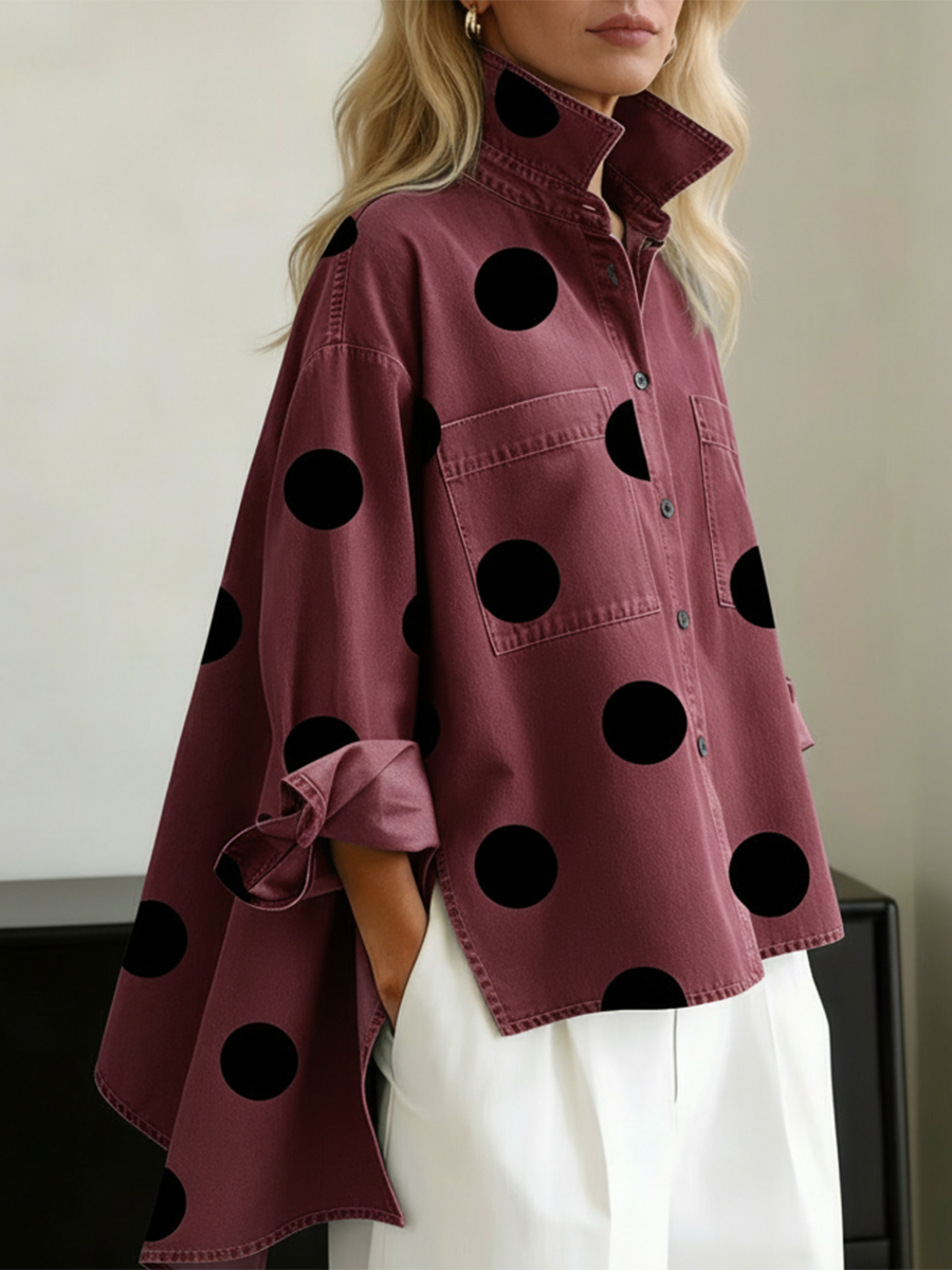 Elegant Artistic Polka Dot Print Stand-collar Denim Top - Seldom Seen Styles