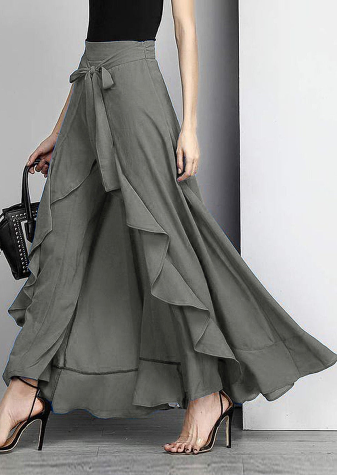 Elegant Grey Waist Spliced Ruffle Hem Straight Leg Skirt - Seldom Seen Styles