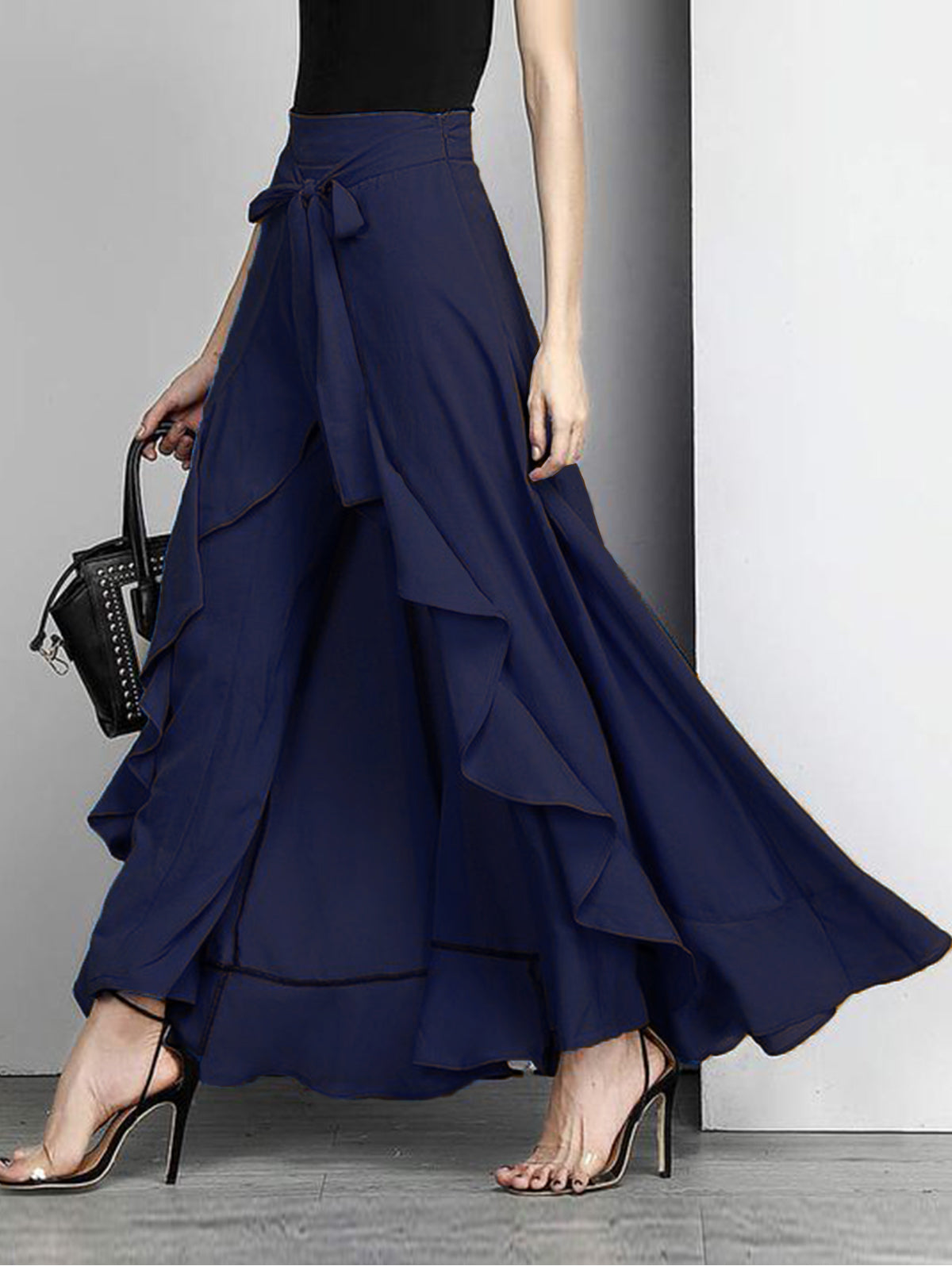 Elegant Grey Waist Spliced Ruffle Hem Straight Leg Skirt - Seldom Seen Styles