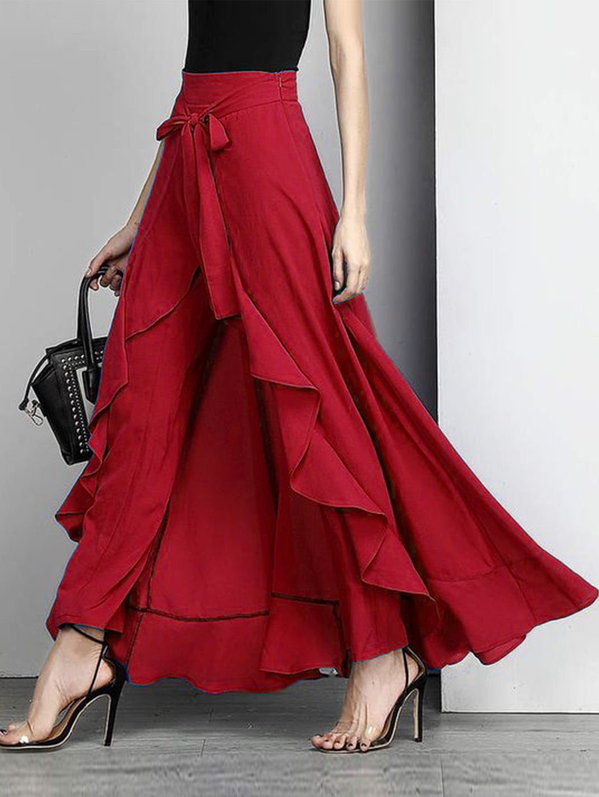 Elegant Grey Waist Spliced Ruffle Hem Straight Leg Skirt - Seldom Seen Styles