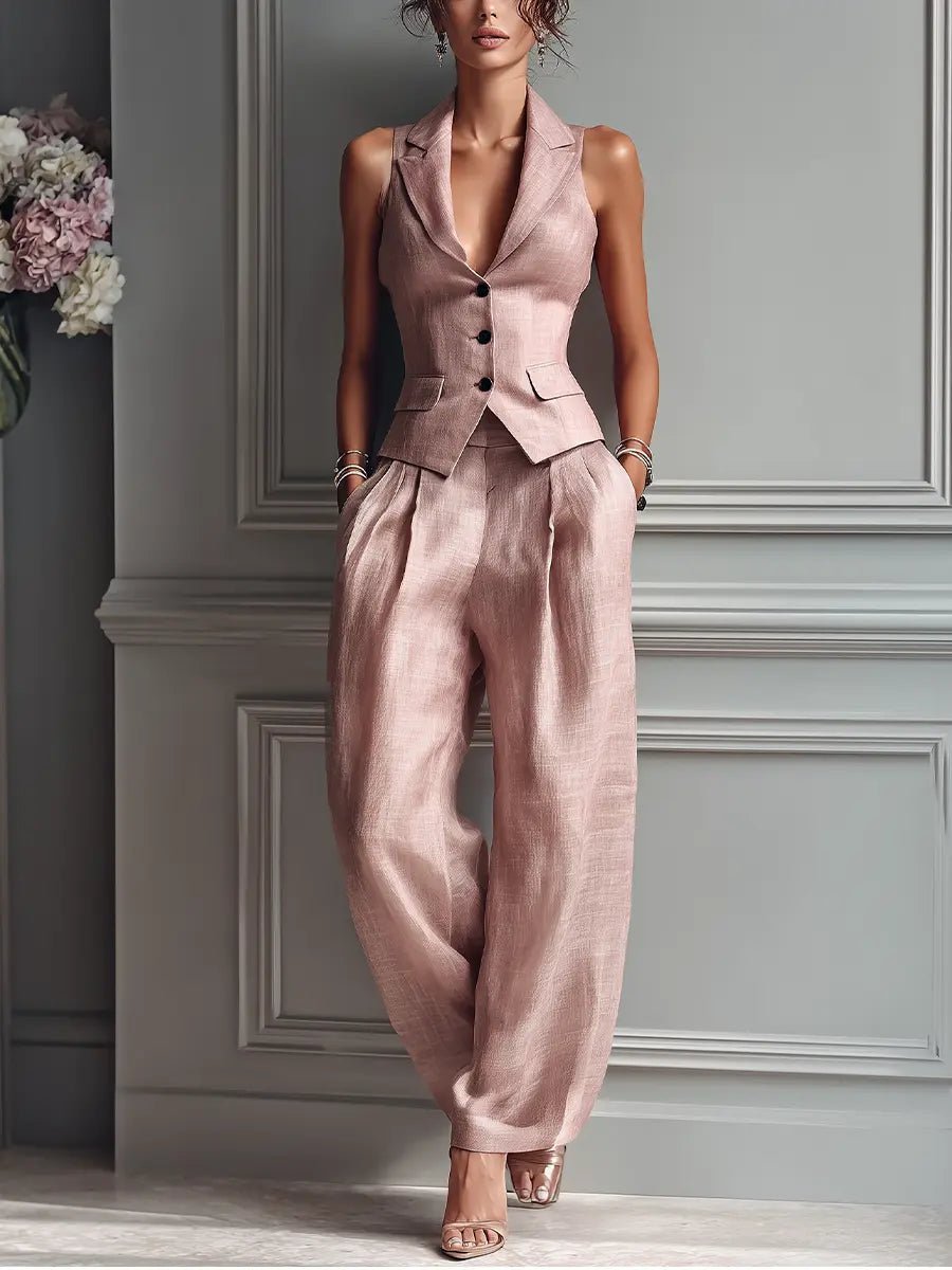 Elegant Linen Vest Wide Leg Pants Set for Women with Sleeveless Lapel Design - Seldom Seen Styles