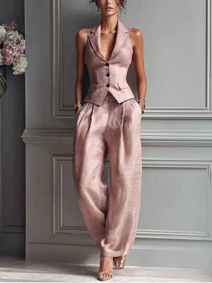 Elegant Linen Vest Wide Leg Pants Set for Women with Sleeveless Lapel Design