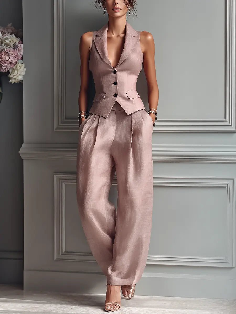 Elegant Linen Vest Wide Leg Pants Set for Women with Sleeveless Lapel Design - Seldom Seen Styles