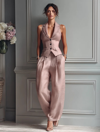 Elegant Linen Vest Wide Leg Pants Set for Women with Sleeveless Lapel Design