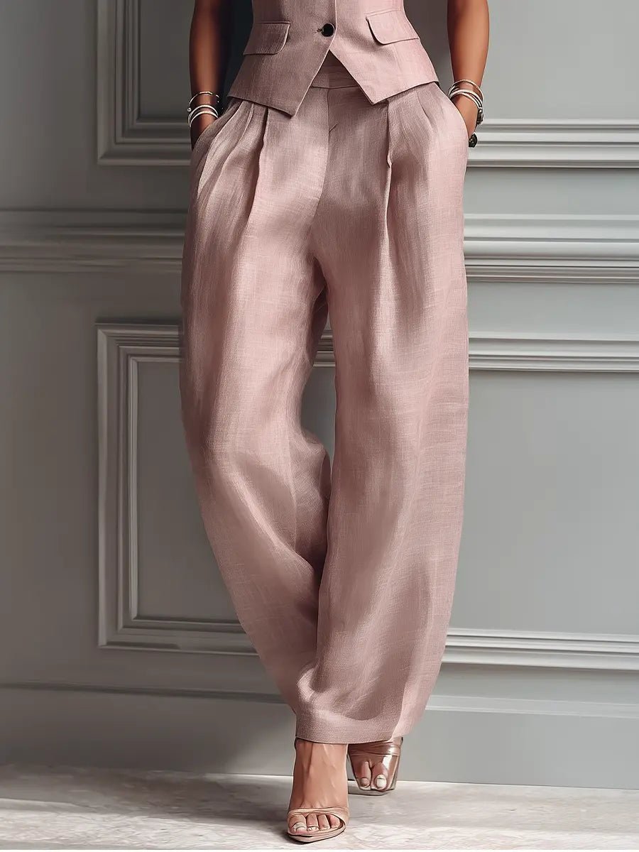 Elegant Linen Vest Wide Leg Pants Set for Women with Sleeveless Lapel Design - Seldom Seen Styles