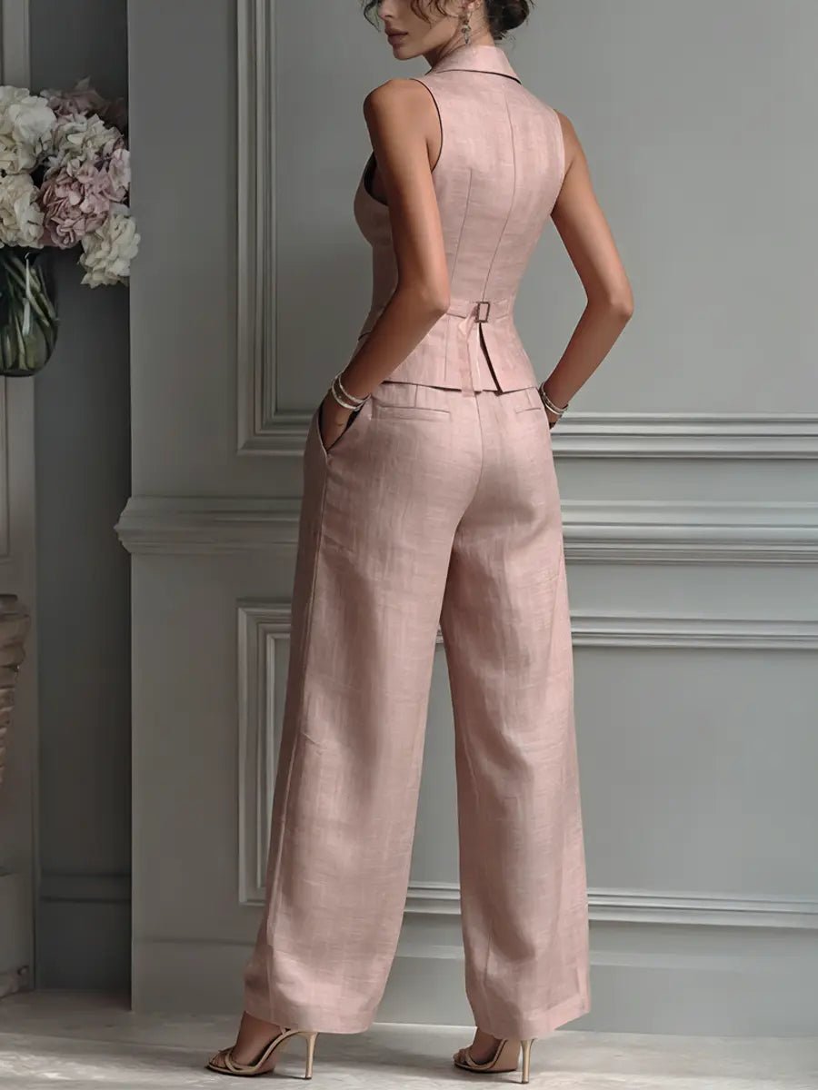 Elegant Linen Vest Wide Leg Pants Set for Women with Sleeveless Lapel Design - Seldom Seen Styles