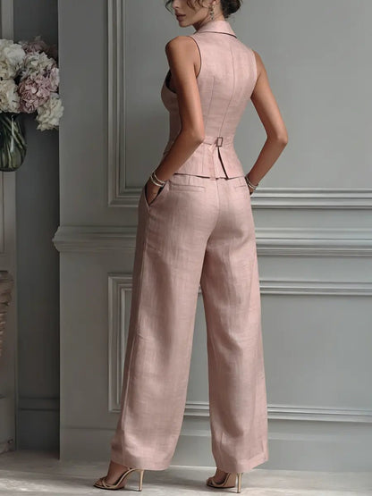 Elegant Linen Vest Wide Leg Pants Set for Women with Sleeveless Lapel Design