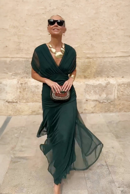 Elegant Maxi Dress for Women V Neck Chiffon Evening Dress Formal Wedding Guest Dress