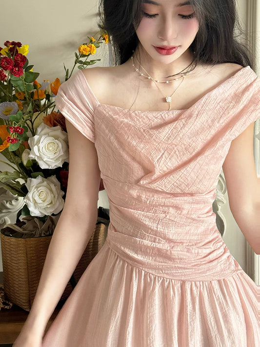 Elegant Off Shoulder Midi Dress – Slim Waist Soft Pink Summer Dress for Women - Seldom Seen Styles