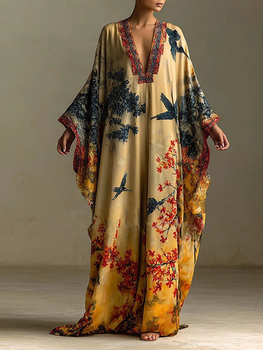 Elegant Rayon Floral Batwing Sleeve Maxi Dress - Long Loose Fit Kimono Robe for Summer Vacation - Seldom Seen Styles