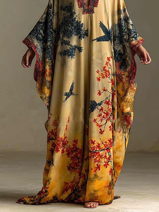 Elegant Rayon Floral Batwing Sleeve Maxi Dress - Long Loose Fit Kimono Robe for Summer Vacation - Seldom Seen Styles