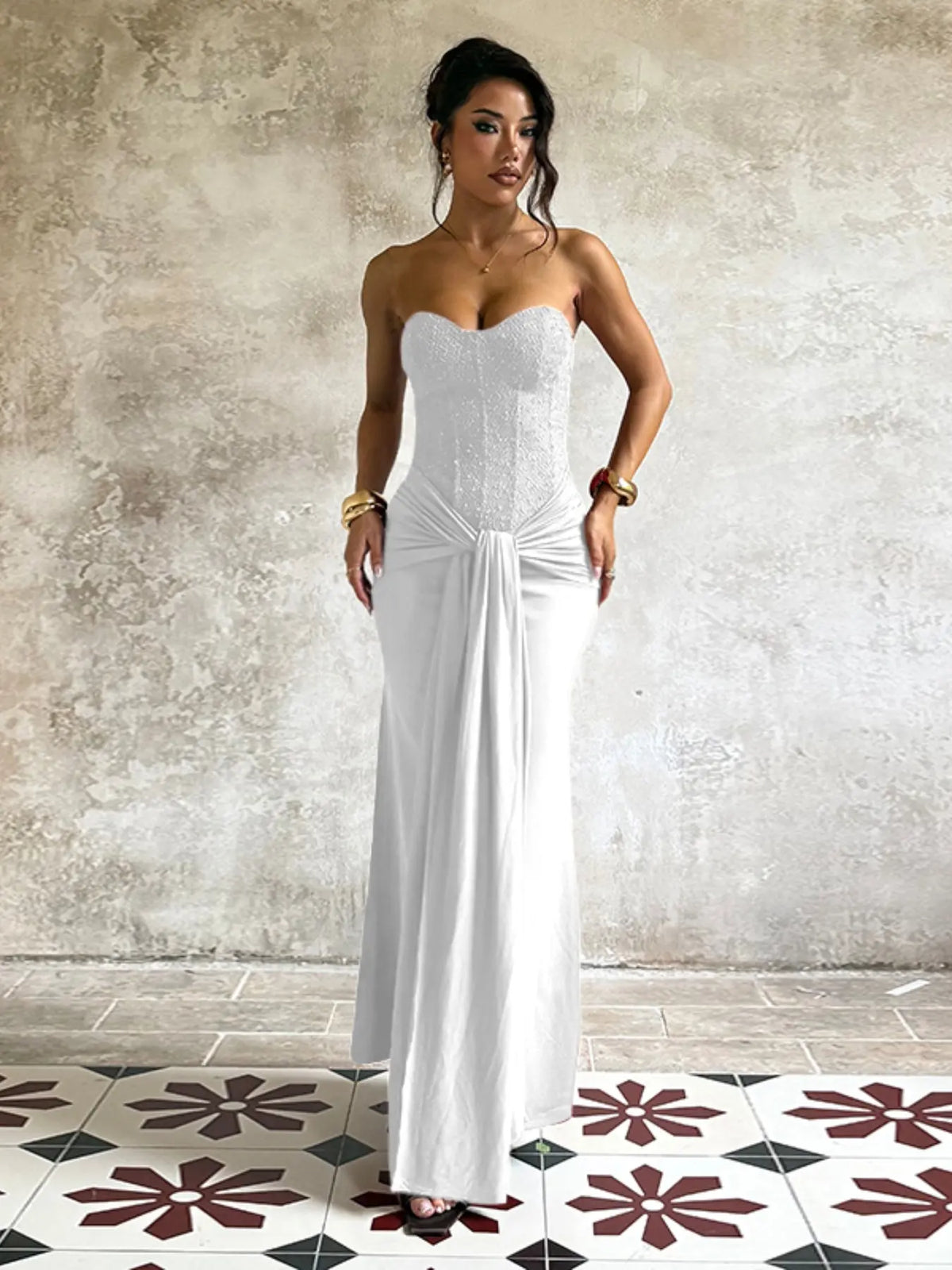 Elegant Strapless Corset Bodycon Long Formal Dress, with Ruched Detail, Perfect for Evening Prom Party - Seldom Seen Styles