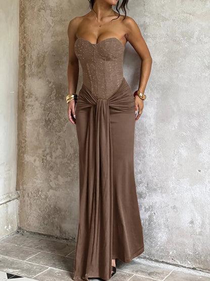 Elegant Strapless Corset Bodycon Long Formal Dress, with Ruched Detail, Perfect for Evening Prom Party