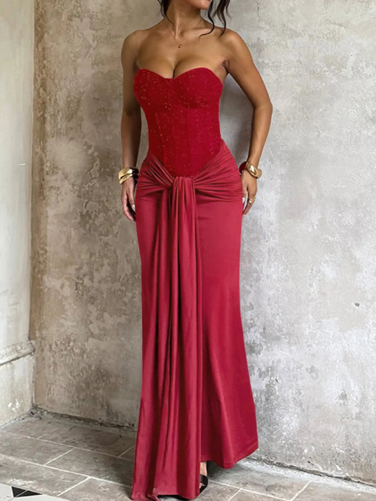 Elegant Strapless Corset Bodycon Long Formal Dress, with Ruched Detail, Perfect for Evening Prom Party - Seldom Seen Styles