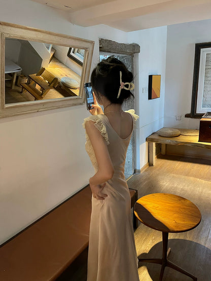 Elegant V Neck Lace Midi Dress – Slim Waist Soft French Style Summer Dress for Women