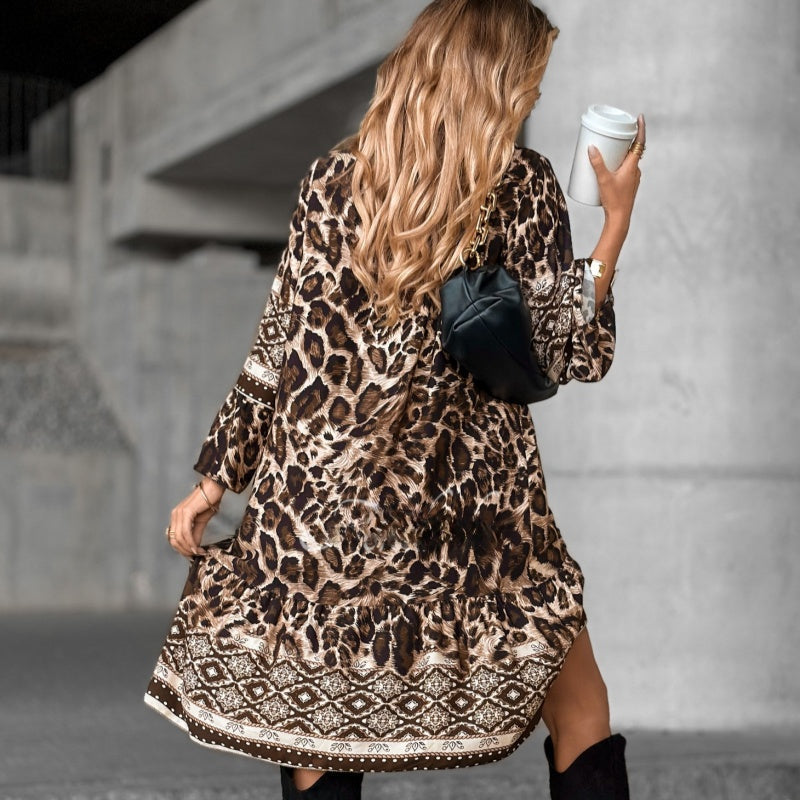 Elegant V-Neck Long-Sleeve Printed Dress - Seldom Seen Styles