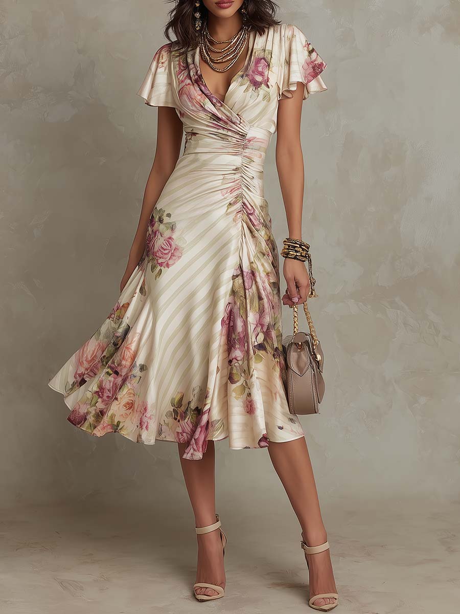 Women's Floral Wrap Midi Dress Ruffle Sleeve Vintage Chiffon Summer Wedding Guest Vacation Dress