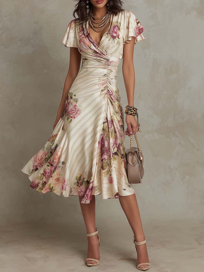 Women's Floral Wrap Midi Dress Ruffle Sleeve Vintage Chiffon Summer Wedding Guest Vacation Dress