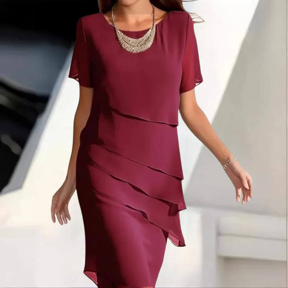Elena Midi Dress Woman – Elegant Chiffon Dress with Tiered Design & Refined Details - Seldom Seen Styles