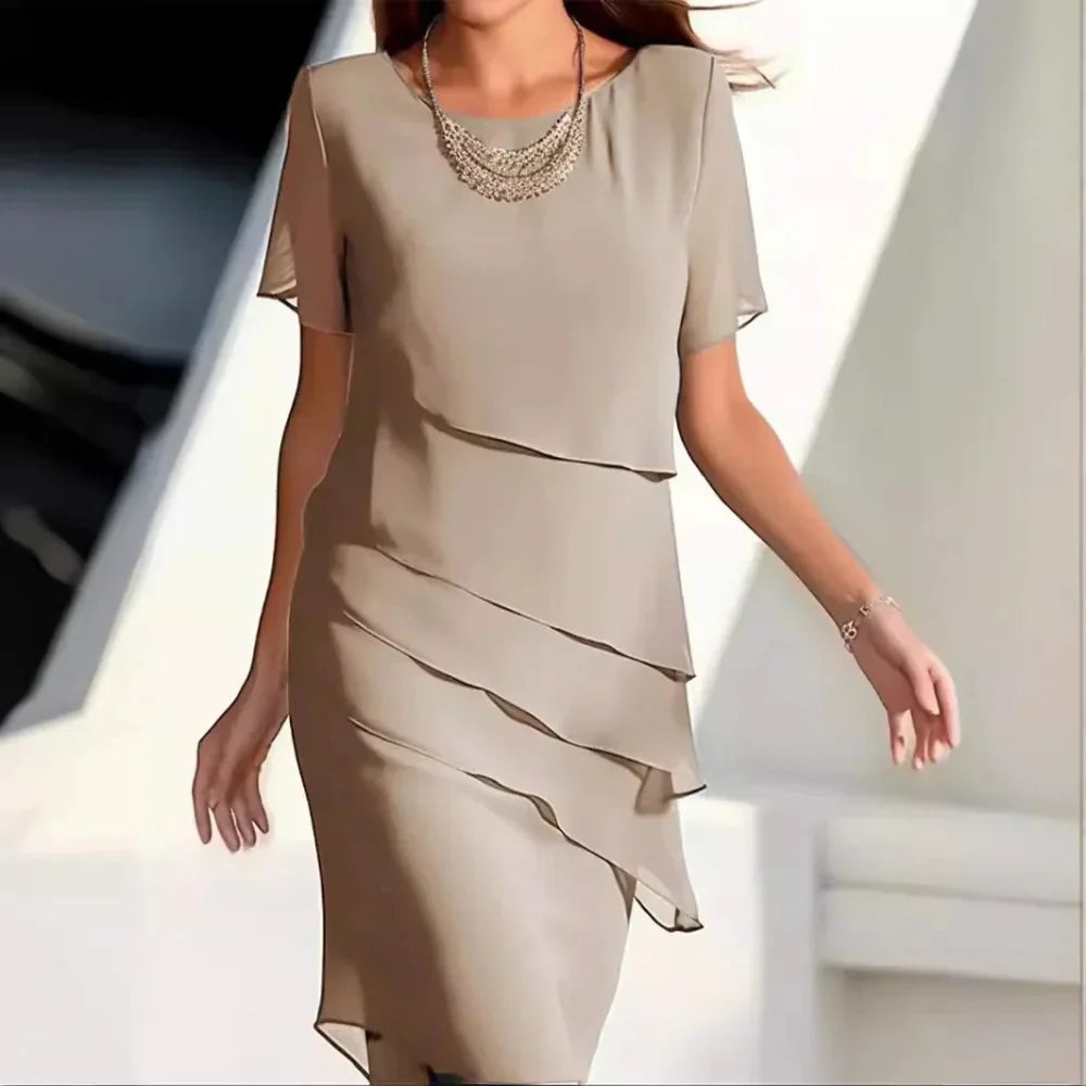 Elena Midi Dress Woman – Elegant Chiffon Dress with Tiered Design & Refined Details - Seldom Seen Styles