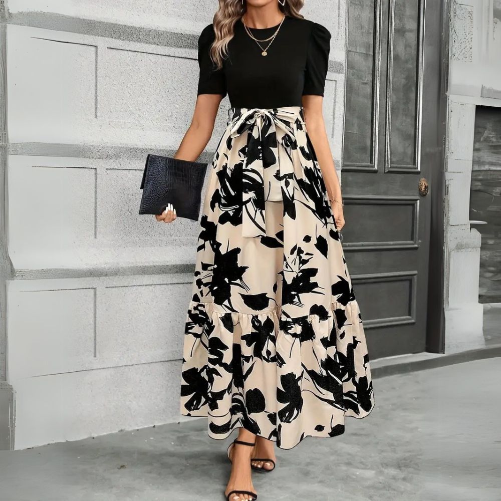 Elise | Women's Puff Sleeve Floral Maxi Dress with Tie Waist - Seldom Seen Styles