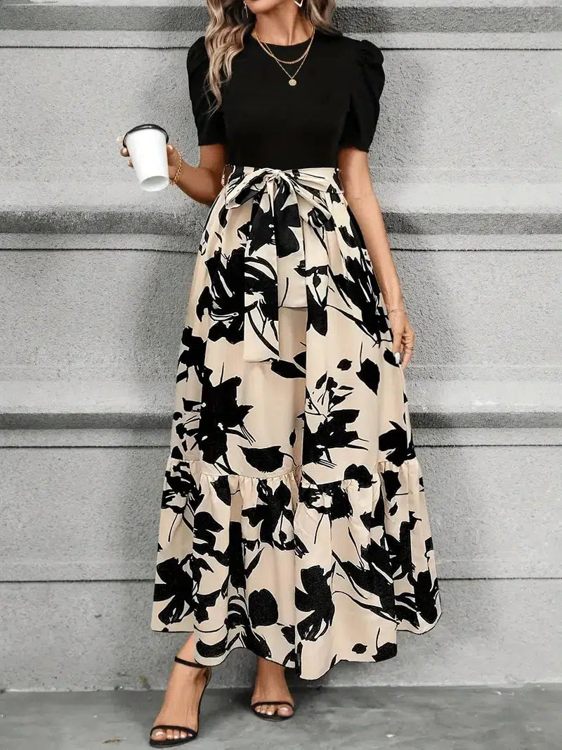Elise | Women's Puff Sleeve Floral Maxi Dress with Tie Waist - Seldom Seen Styles