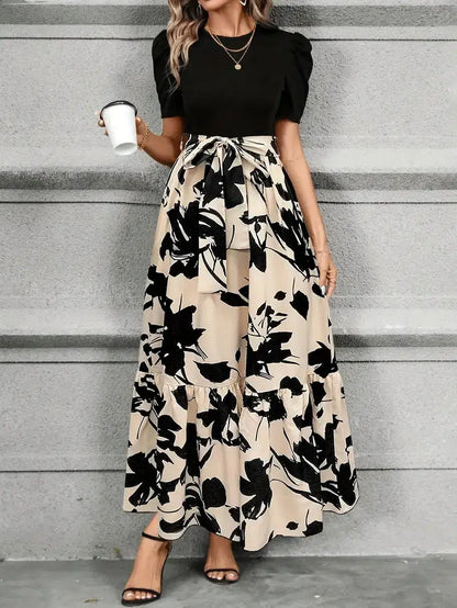 Elise | Women's Puff Sleeve Floral Maxi Dress with Tie Waist