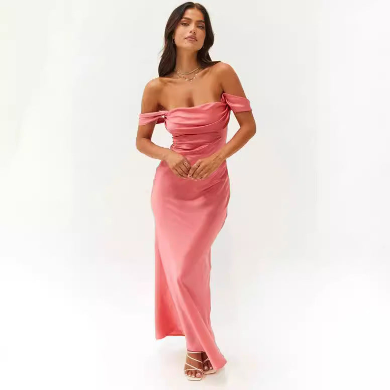Ella Pink Off Shoulder Formal Dress off-Shoulder Tube Top Satin Sheath Backless Women's Long Dress Evening Dress - Seldom Seen Styles