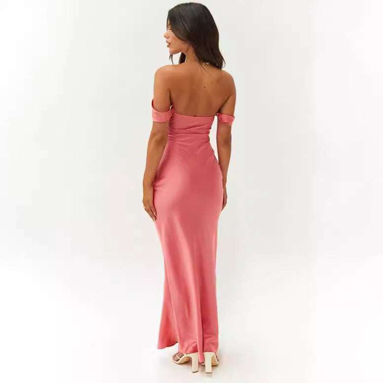 Ella Pink Off Shoulder Formal Dress off-Shoulder Tube Top Satin Sheath Backless Women's Long Dress Evening Dress - Seldom Seen Styles