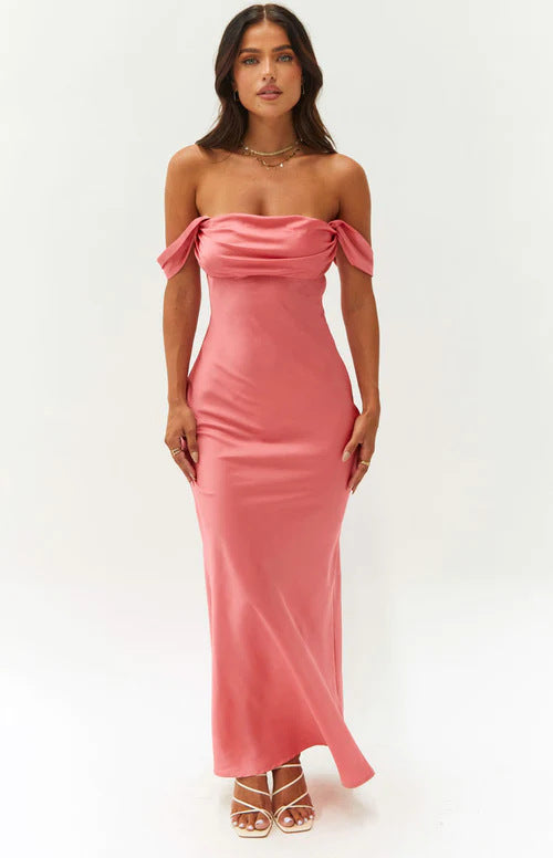 Ella Pink Off Shoulder Formal Dress off-Shoulder Tube Top Satin Sheath Backless Women's Long Dress Evening Dress - Seldom Seen Styles