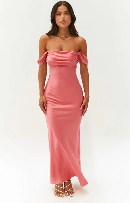 Ella Pink Off Shoulder Formal Dress off-Shoulder Tube Top Satin Sheath Backless Women's Long Dress Evening Dress - Seldom Seen Styles